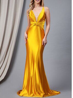 Mustard Yellow Deep V-Neck Satin Formal Prom Evening Dress 4